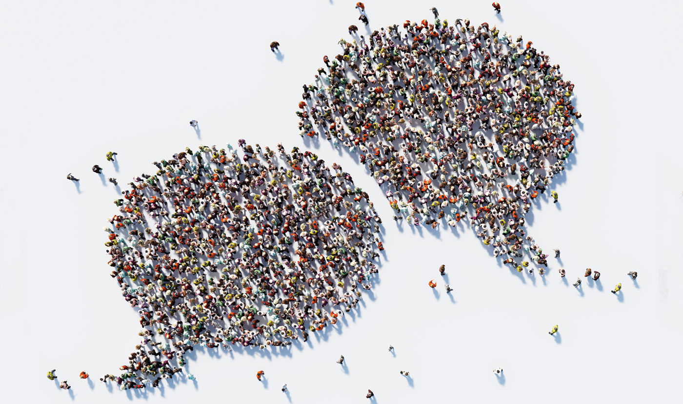 Crowds of people forming question and answer bubbles